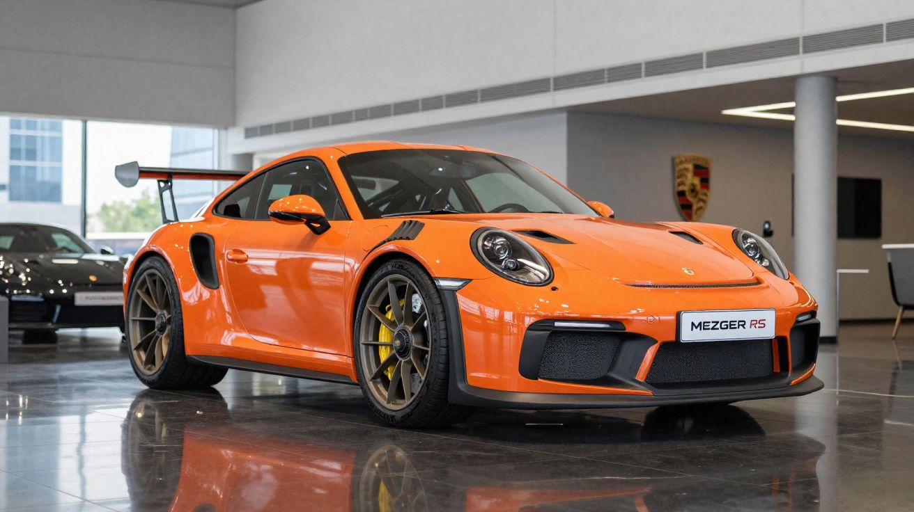 Carro esportivo Porsche laranja estacionado em showroom com piso refletivo e logo da marca ao fundo.