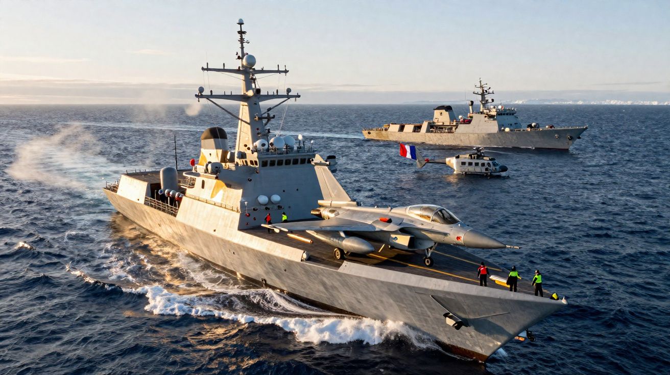 Navios de guerra militares com avião de combate na proa navegando em mar calmo ao entardecer.