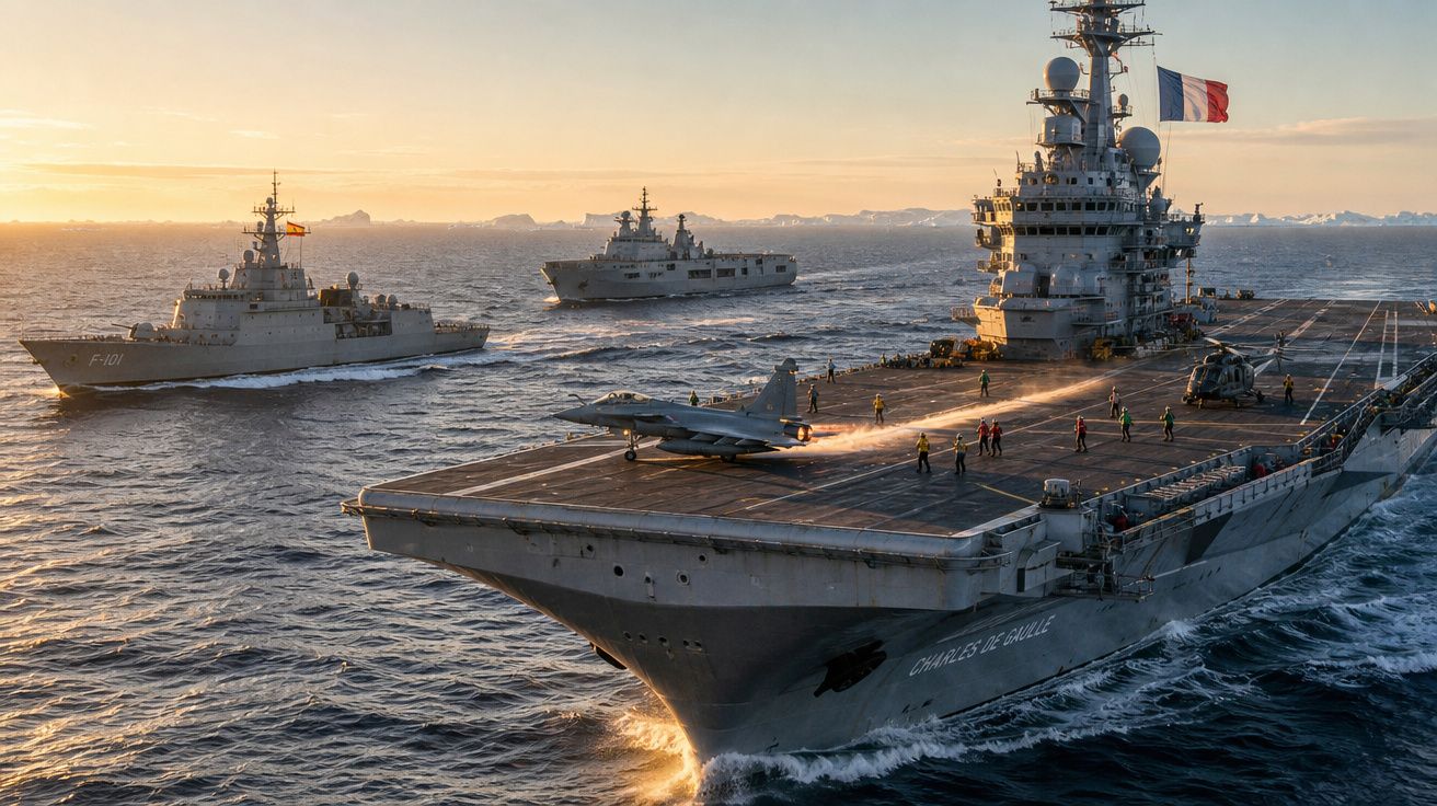 Porta-aviões Charles de Gaulle com caça e helicóptero em mar aberto ao pôr do sol, acompanhado por destróieres.