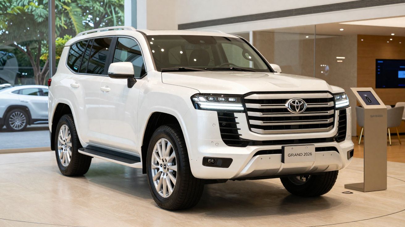 Carro SUV Toyota branco modelo Grand 2026 em exposição dentro de showroom moderno.