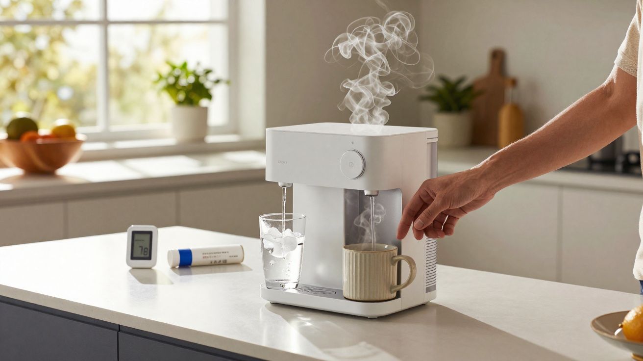 Máquina branca preparando bebida quente num copo e numa caneca em bancada de cozinha iluminada.