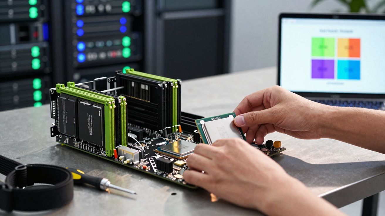 Mãos instalando processador na placa-mãe com módulos de memória e laptop ao fundo.