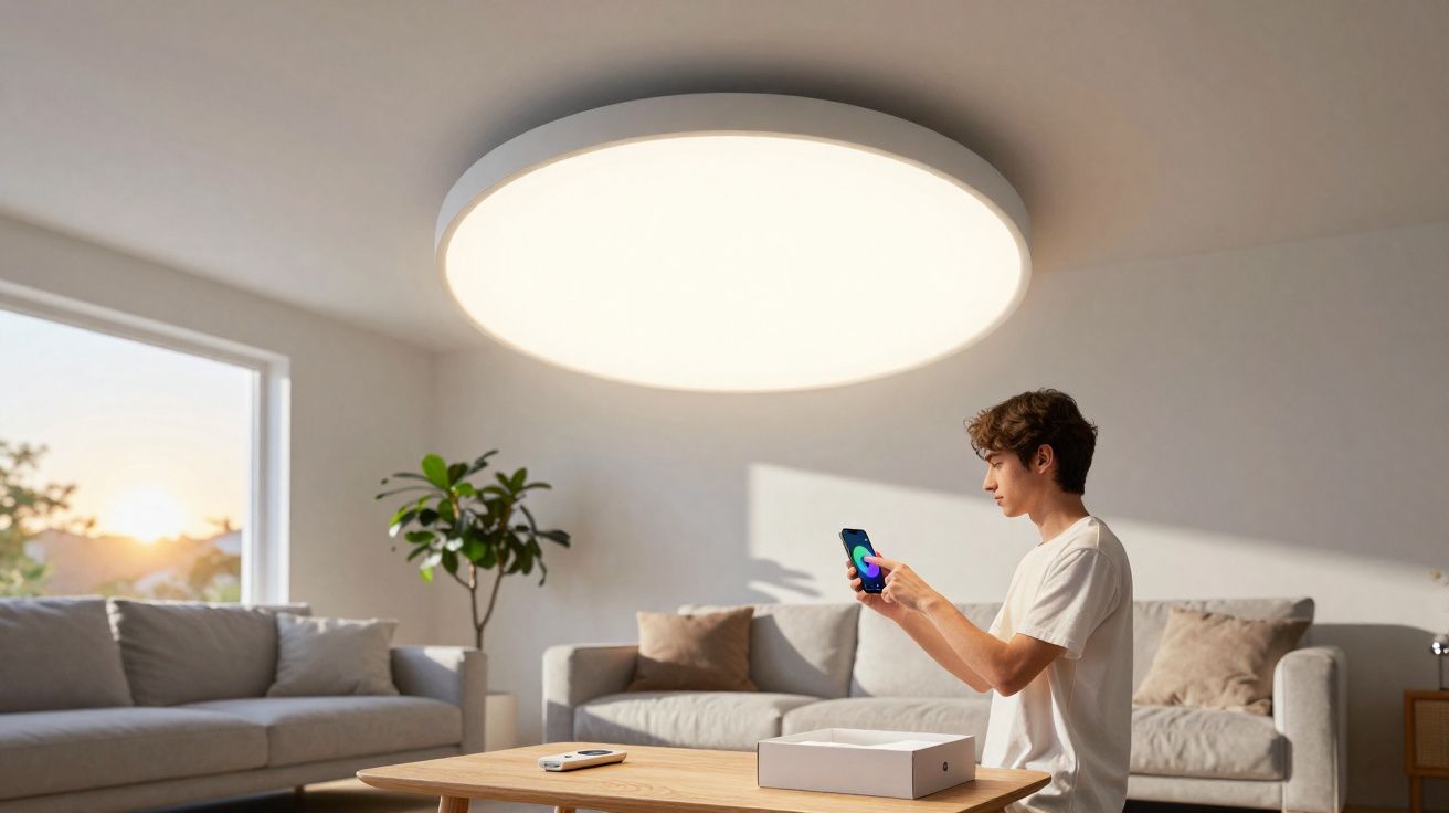 Jovem usando celular para controlar luz de teto redonda e iluminada em sala de estar moderna.