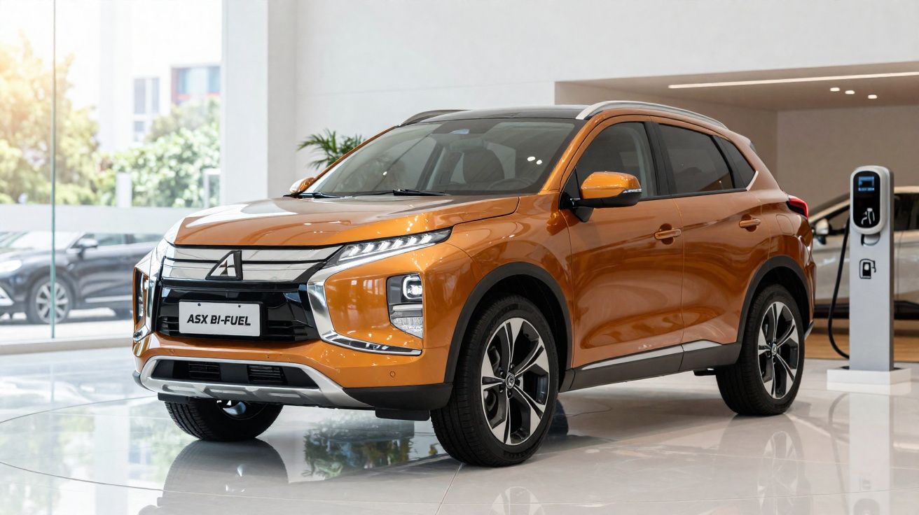 SUV Mitsubishi ASX Bi-Fuel na cor laranja em showroom moderno com carregador ao fundo.
