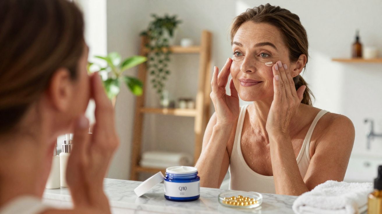 Mulher aplicando creme facial anti-idade em frente ao espelho no banheiro iluminado.