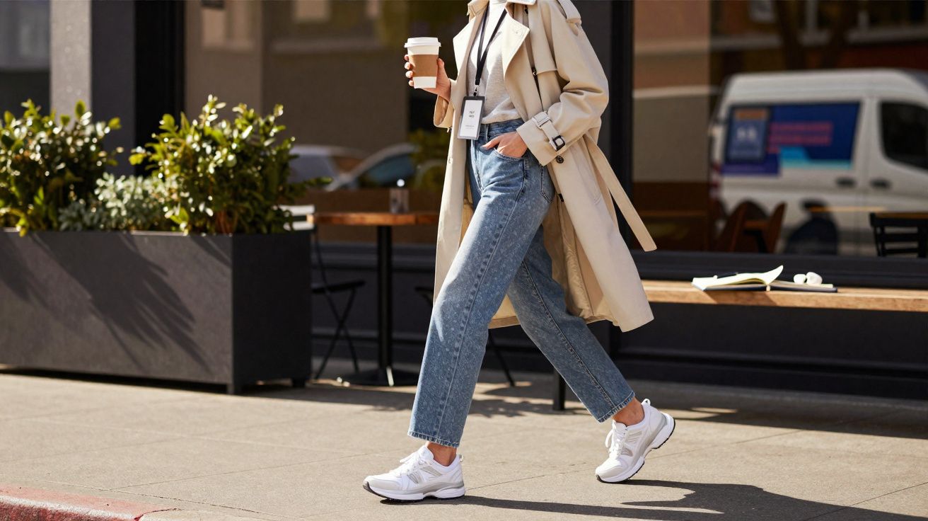 Pessoa caminhando na calçada segurando copo de café, vestindo trench coat, jeans e tênis branco.