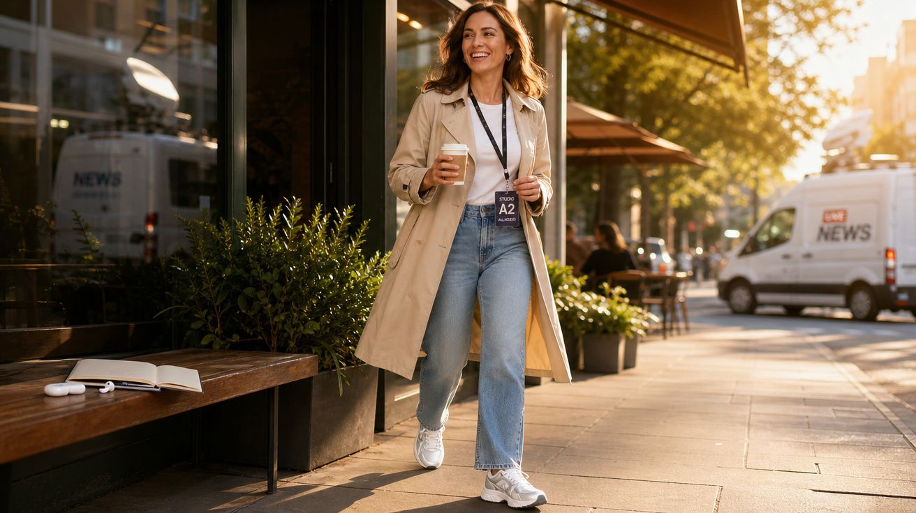 Mulher sorridente caminhando na calçada com café, usando casaco bege, jeans e crachá de evento.