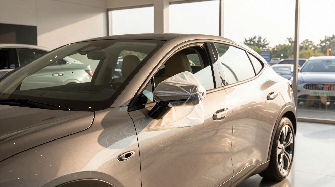 Carro cinza em exposição, com proteção plástica no retrovisor lateral, em showroom iluminado.
