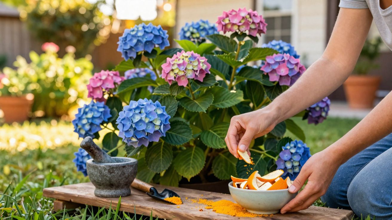 Pessoa preparando remédio natural com flores de hortênsia, cascas de laranja e cúrcuma no jardim.