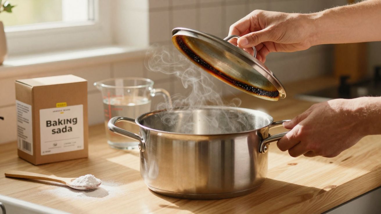 Mãos segurando tampa enquanto vapor sai de panela de inox em bancada de cozinha com bicarbonato e colher.
