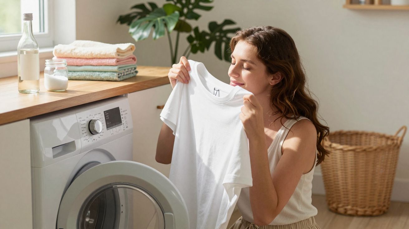 Mulher cheirando camiseta branca recém lavada ao lado de máquina de lavar e cesto de roupa.