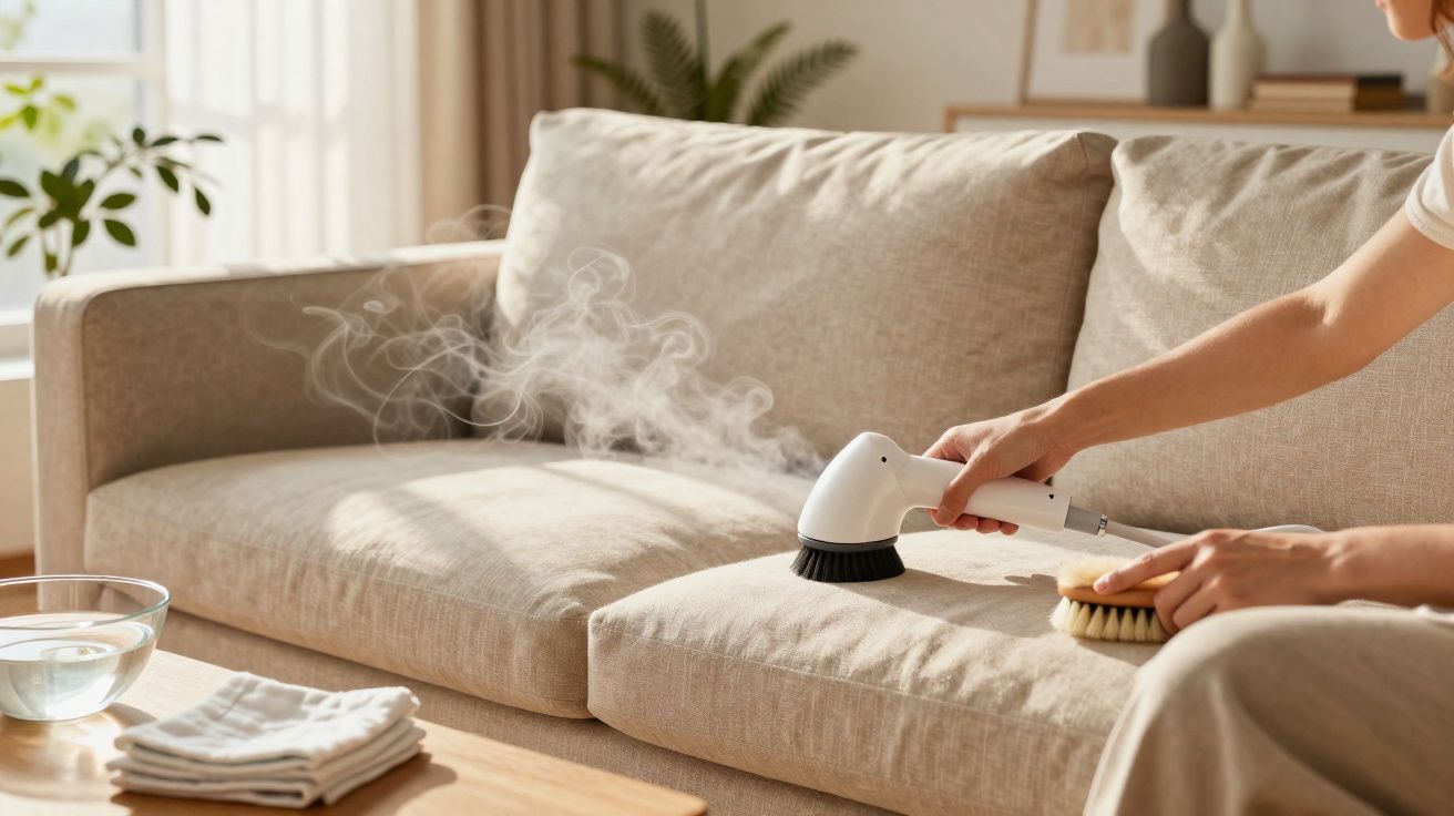 Pessoa limpando sofá bege com aparelho a vapor e escova em sala iluminada pela manhã.