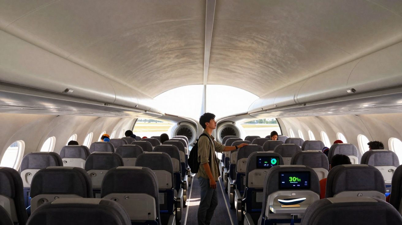 Interior de avião com poltronas ocupadas e passageiro em pé no corredor central.