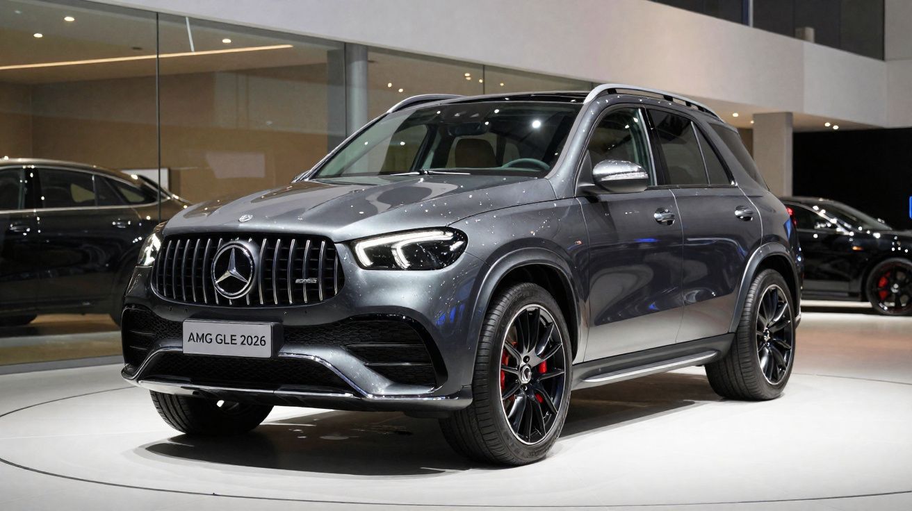 Carro SUV Mercedes-Benz AMG GLE 2026 cinza metálico em exposição em ambiente interno.