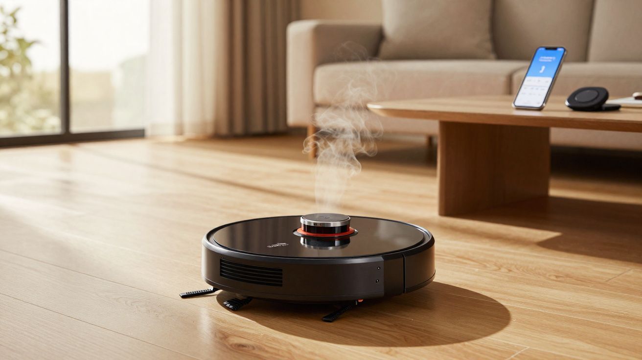 Robô aspirador preto limpando chão de madeira em sala com sofá e mesa de centro ao fundo.