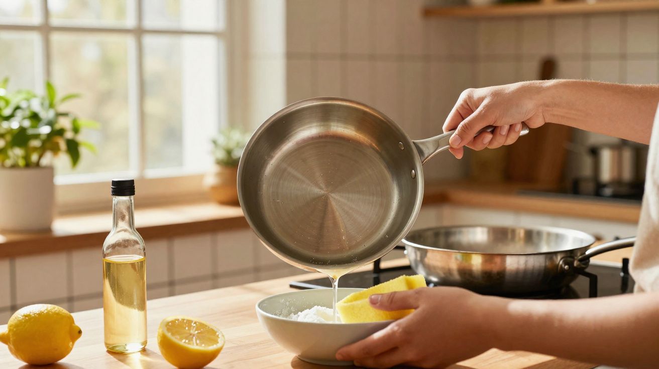 Mãos seguram panela inox despejando líquido em tigela na bancada de cozinha com limões e garrafa de óleo.