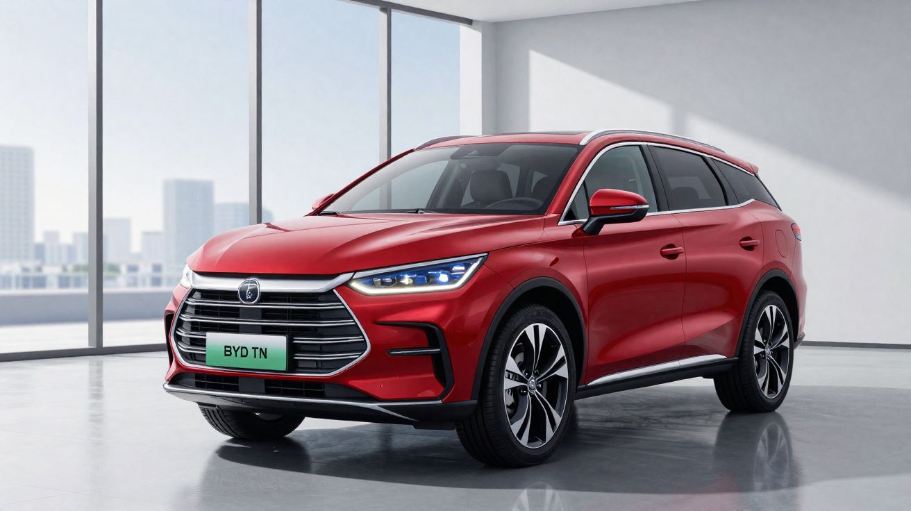 Carro SUV elétrico vermelho BYD TN em ambiente interno com janelas e vista urbana ao fundo.