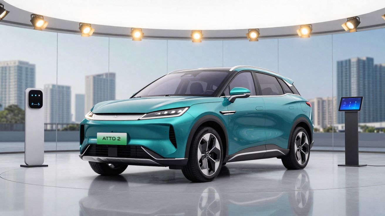 Carro elétrico SUV ATTO 2 azul exibido em showroom moderno com carregador e tela digital ao lado.