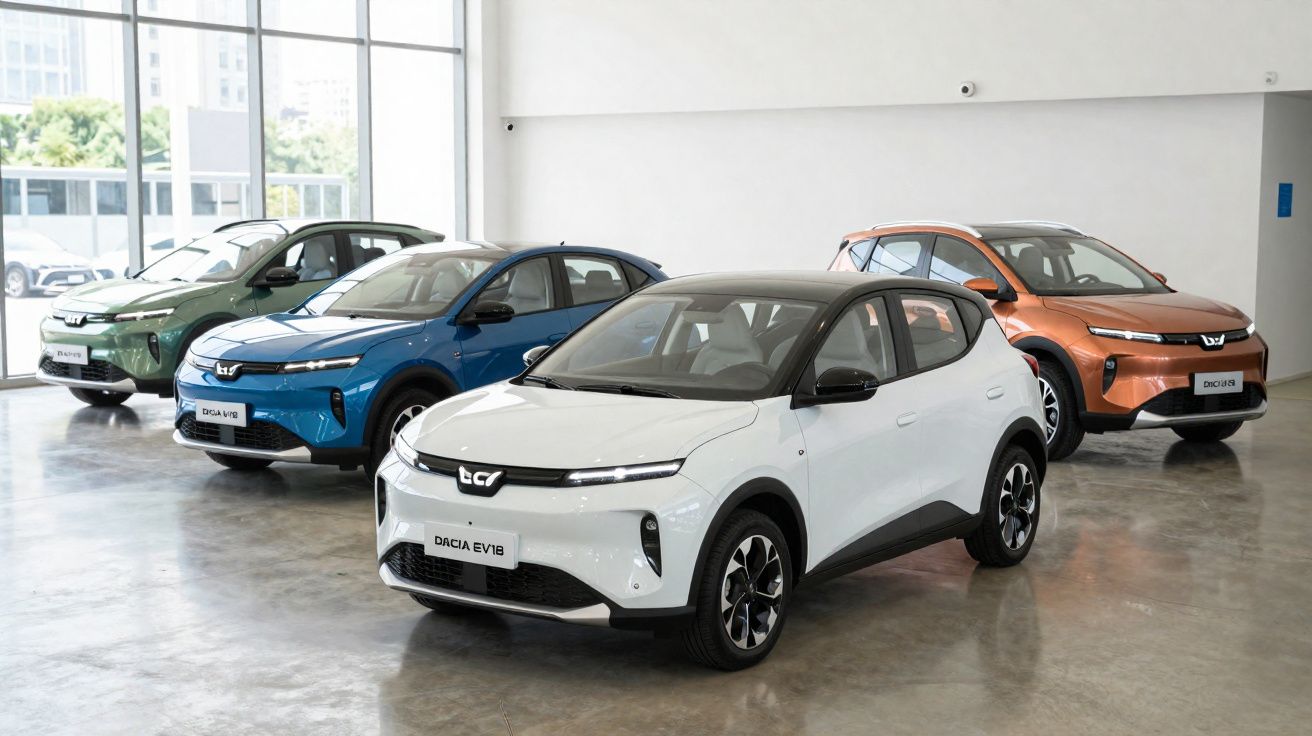 Quatro carros elétricos Dacia EV18 em exposição em cores branco, azul, verde e laranja em showroom moderno.