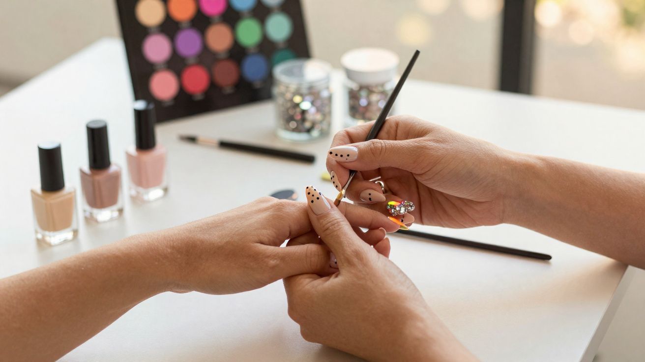 Mãos femininas aplicando esmalte decorativo com pincel, ao fundo esmaltes e paleta de cores variadas.
