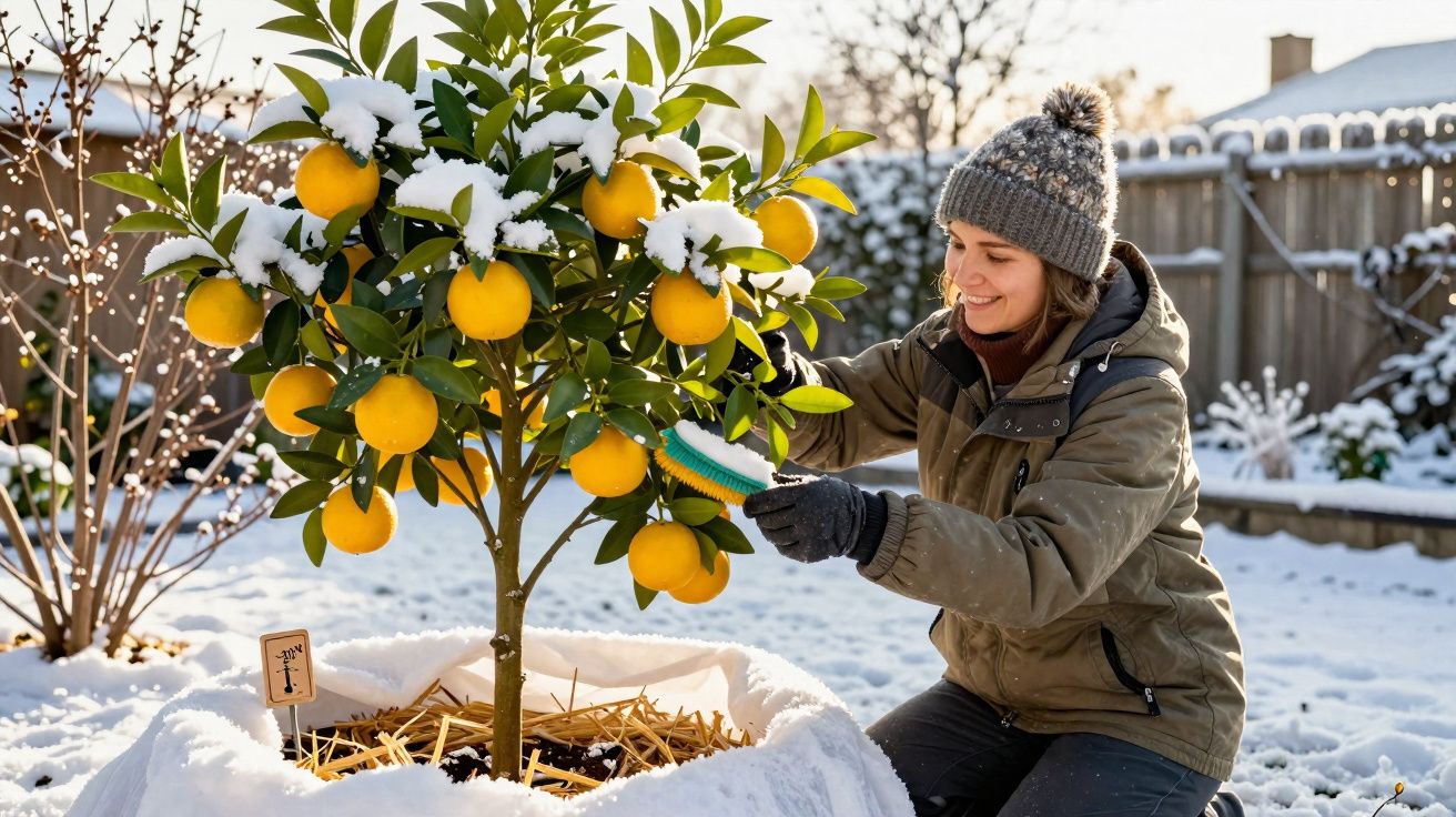 Mulher sorridente cuidando de pé de laranja com neve em jardim ao ar livre no inverno.