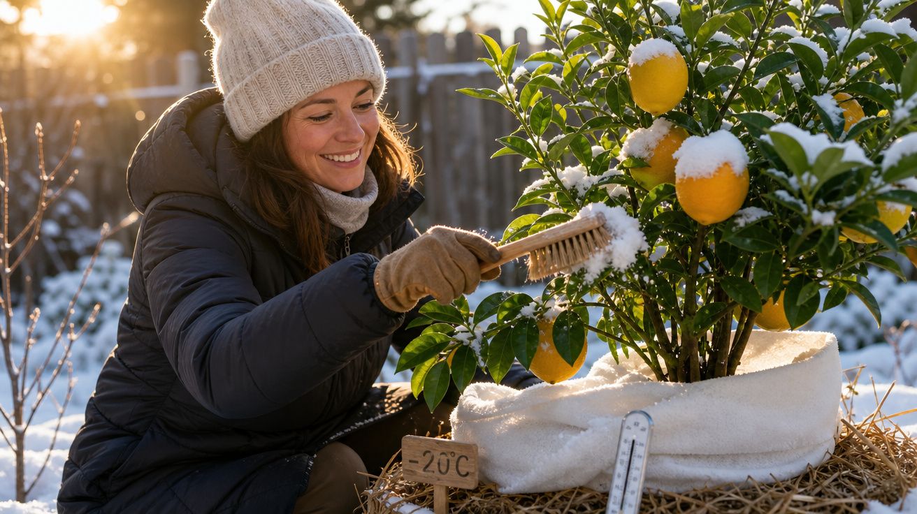 Mulher sorridente com roupa de inverno limpando neve de laranjas em vaso ao amanhecer.