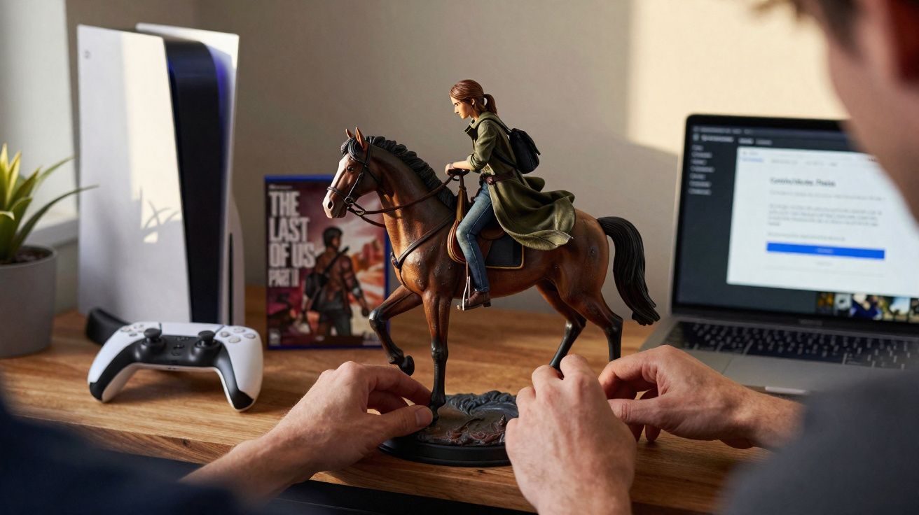 Pessoa ajustando estátua da personagem Ellie montada a cavalo, com videogame, controle e notebook ao fundo.
