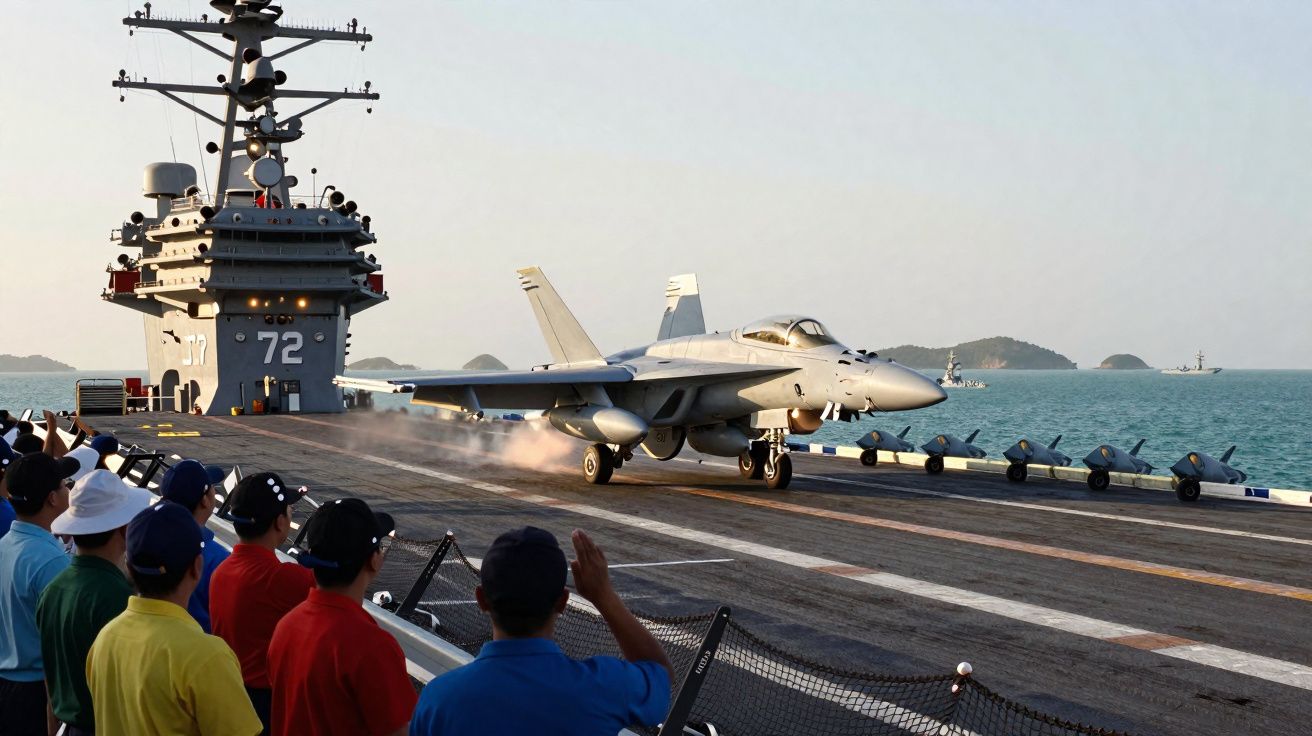 Pessoas observam caça F/A-18 decola de porta-aviões no mar com ilhas ao fundo em dia claro.