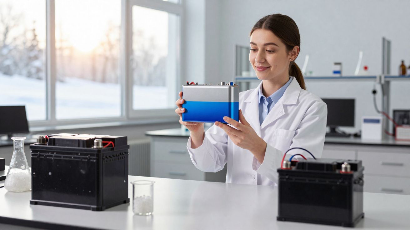 Cientista mulher analisando bateria azul em laboratório com outras baterias e frascos sobre a mesa.
