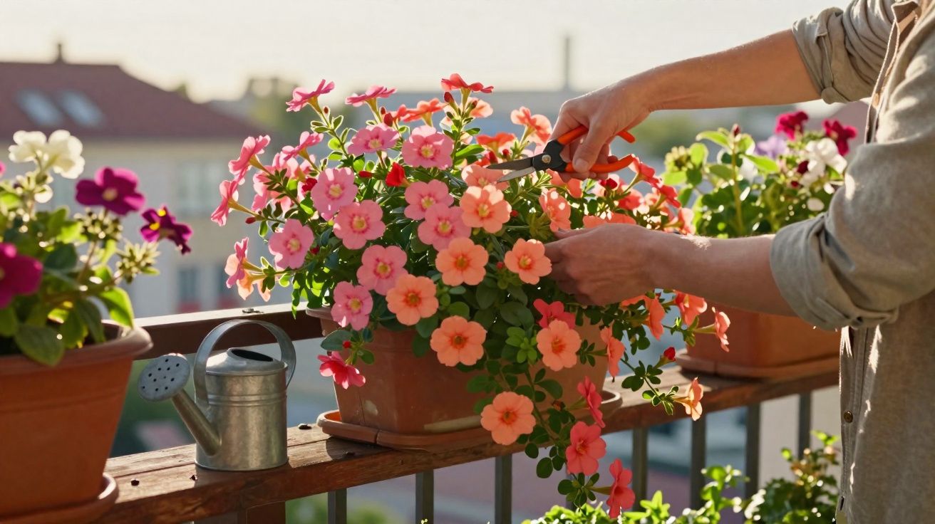 Pessoa cuidando de flores cor-de-rosa em vaso na varanda com regador metálico ao lado.