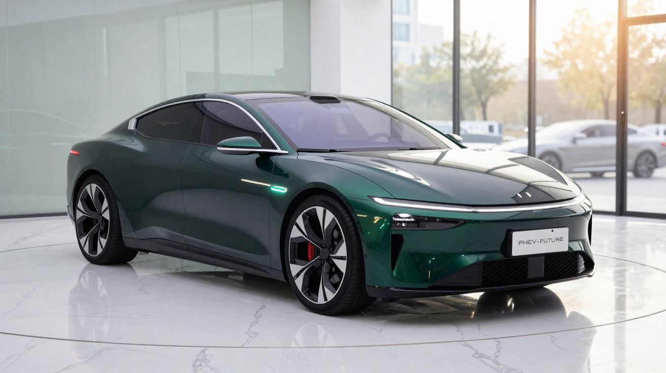 Carro elétrico esportivo verde exibido em showroom com grandes janelas e piso de mármore branco.