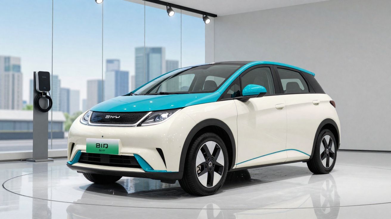 Carro elétrico branco com azul em exibição em showroom moderno com estação de recarga ao fundo.