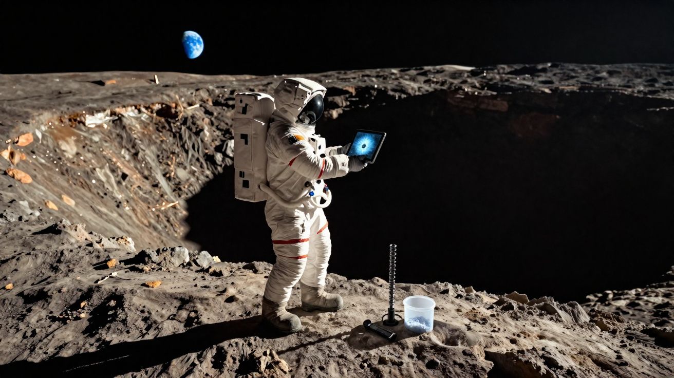 Astronauta na superfície lunar usando tablet com a Terra visível ao fundo no espaço.