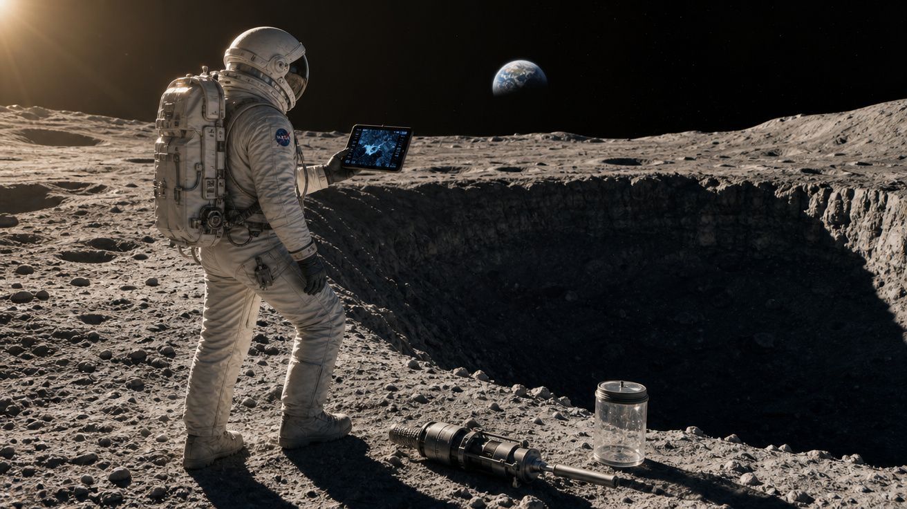 Astronauta na superfície lunar segurando tablet próximo a cratera com Terra ao fundo.