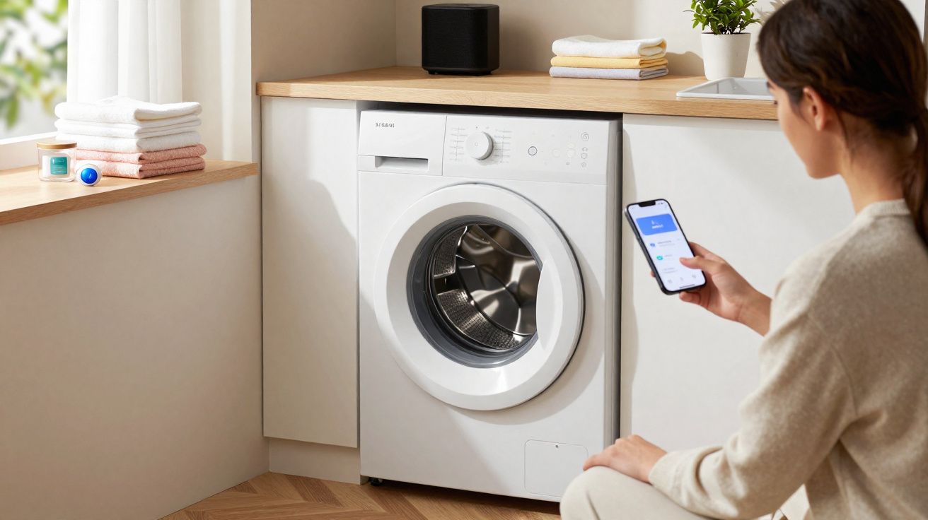 Mulher usa smartphone para controlar máquina de lavar roupa branca em ambiente claro e organizado.