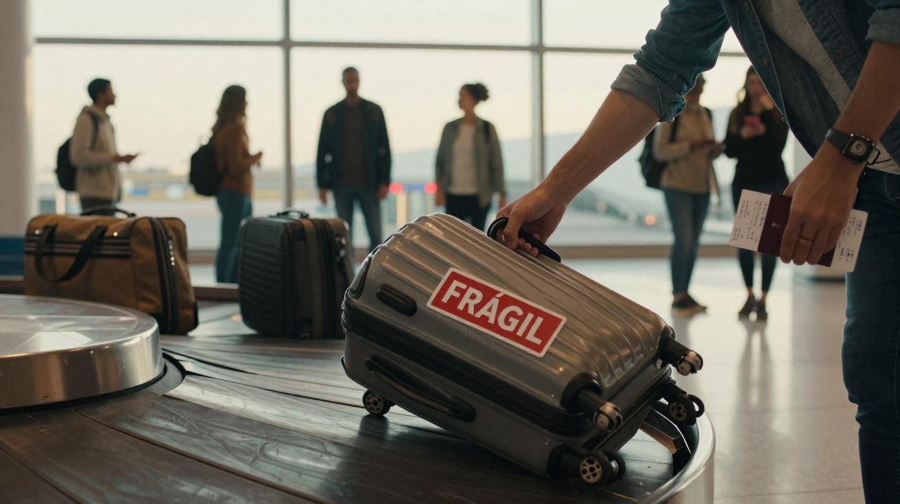 Pessoa retira mala com etiqueta "frágil" na esteira de bagagens do aeroporto, com outras pessoas ao fundo.