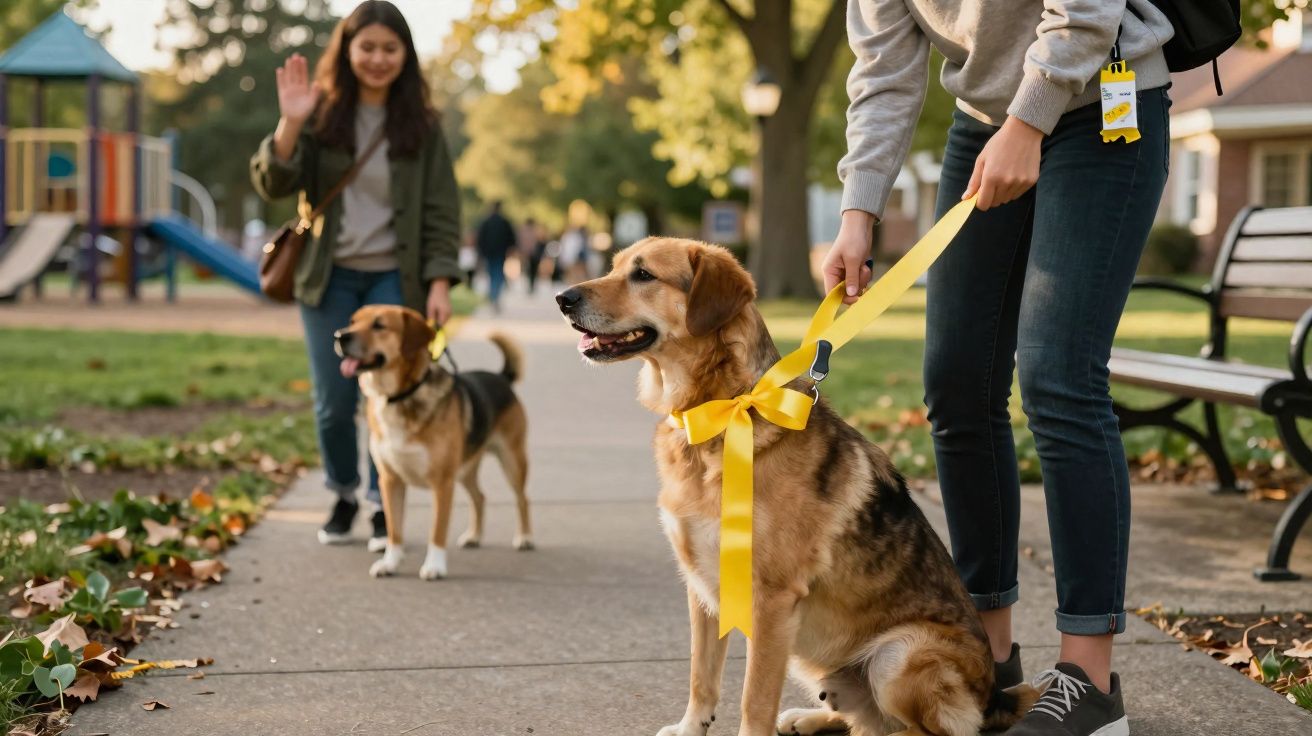 Mulher passeia dois cães com laços amarelos em uma calçada de parque ao entardecer.