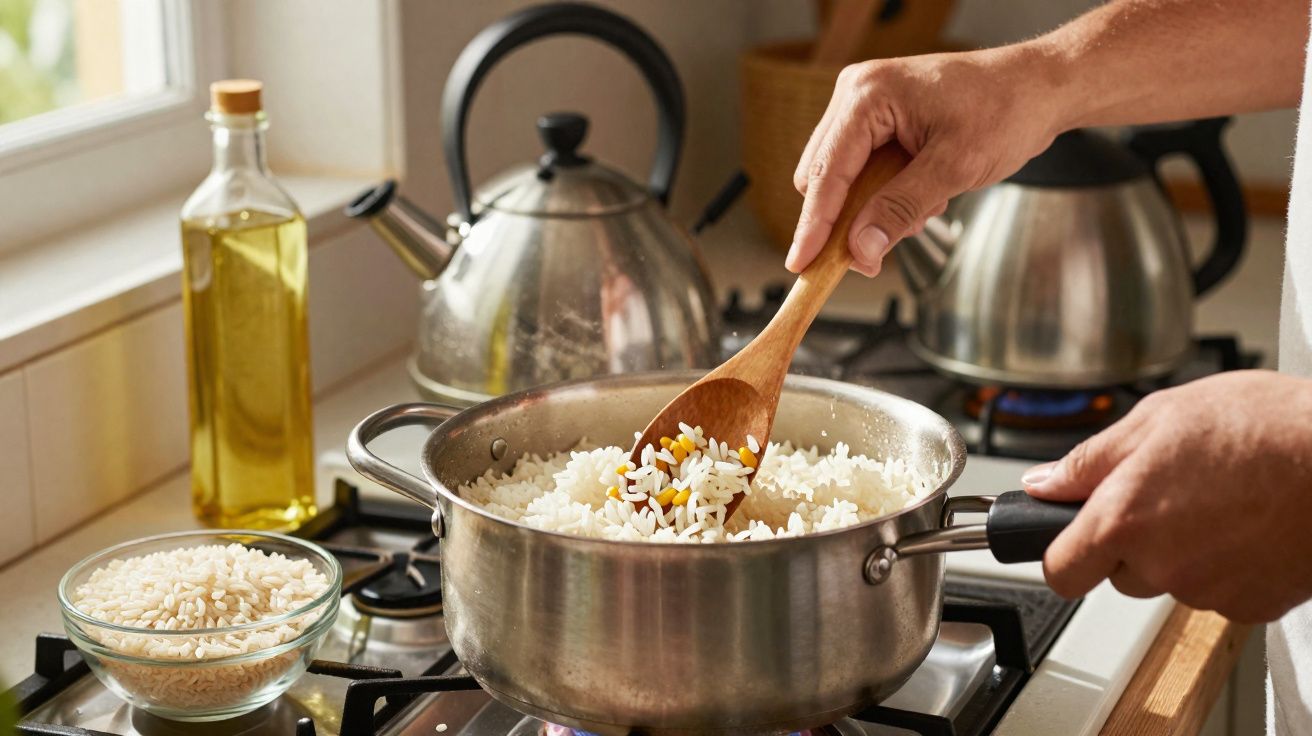 Pessoa mexendo arroz em panela de inox sobre fogão com fogueira acesa em cozinha iluminada.