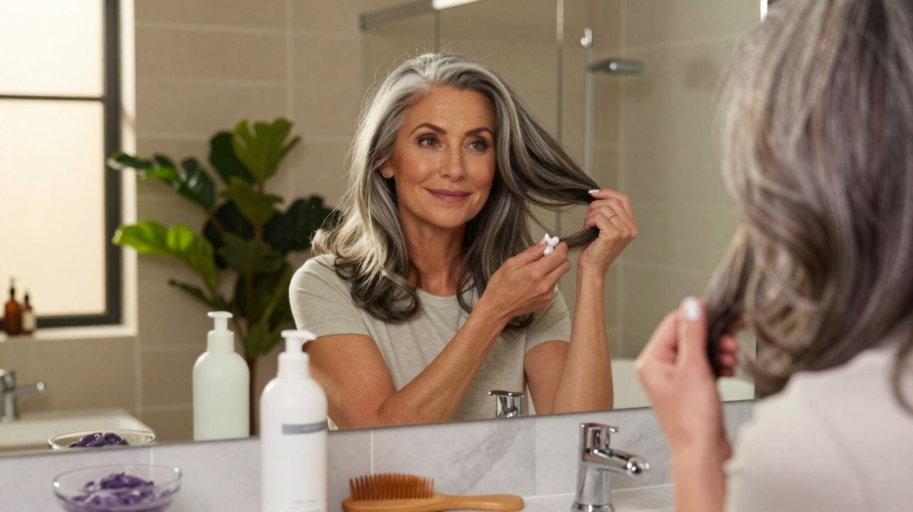 Mulher madura com cabelos grisalhos cuidando do cabelo em frente ao espelho no banheiro.