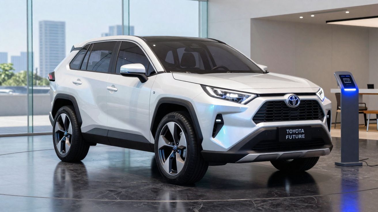 SUV Toyota Future branco em exibição em ambiente interno com estação de recarga elétrica ao lado.