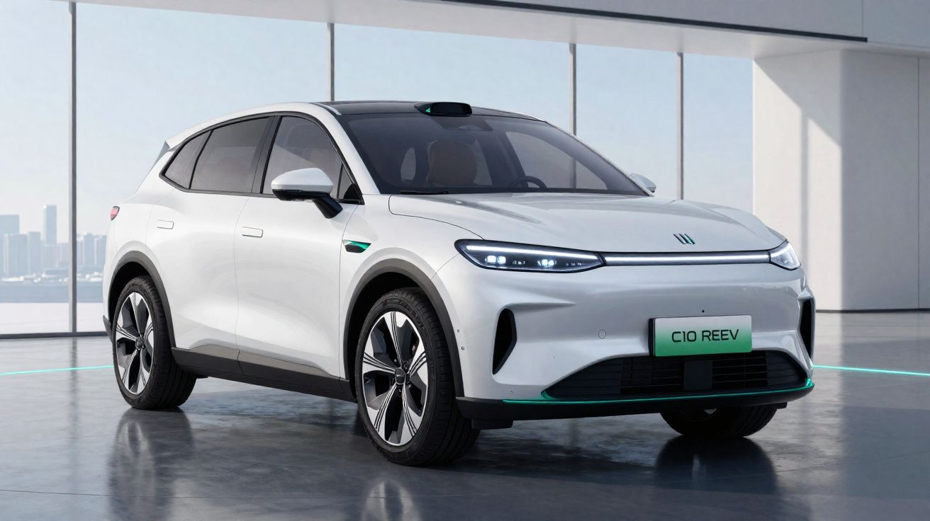 Carro elétrico branco C10 Reev em ambiente interno com janelas amplas ao fundo.