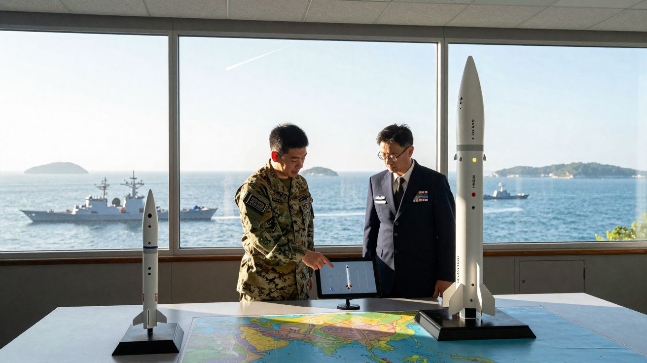 Dois militares perto de maquetes de mísseis com mapas militares e navios de guerra ao fundo.
