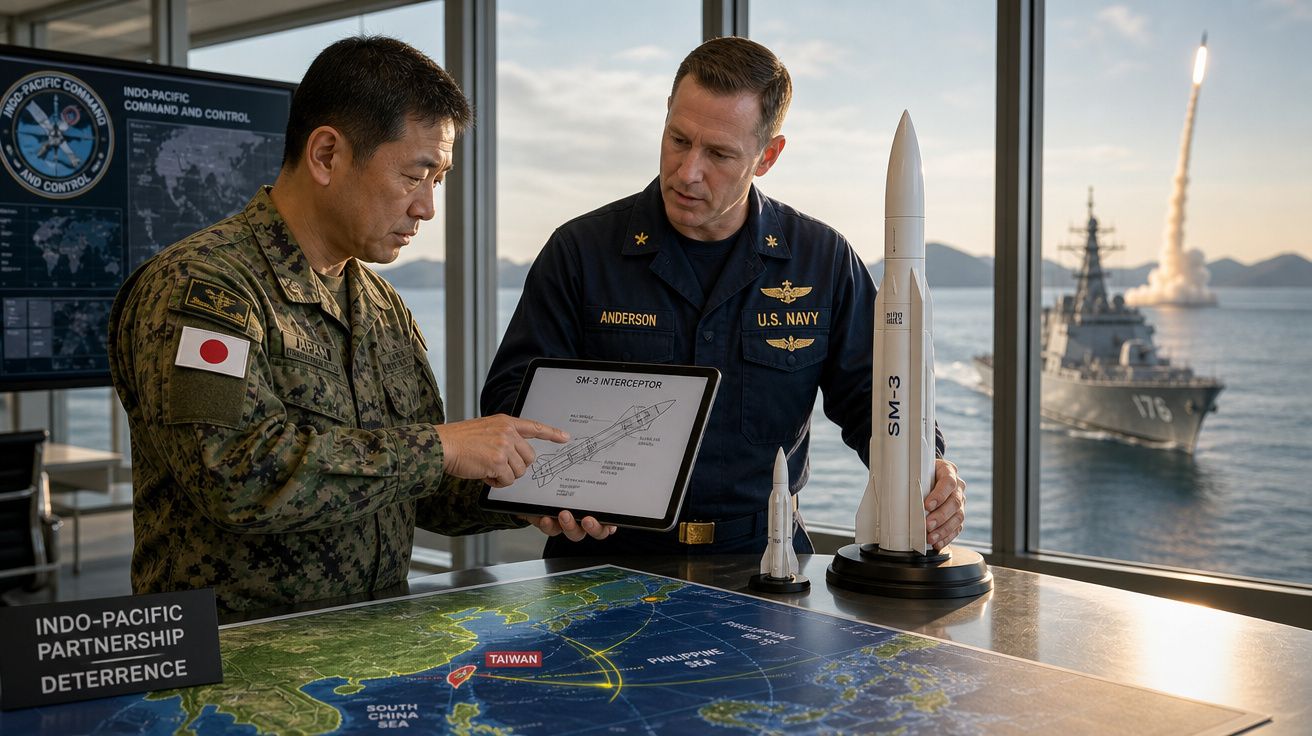 Dois militares, um japonês e um americano, analisam plano de interceptor SM-3 com mapa e modelos de mísseis.