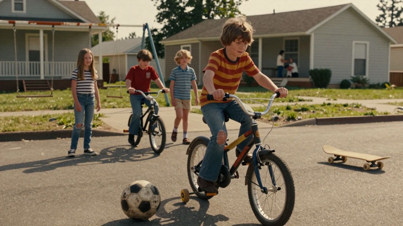 Criança andando de bicicleta com rodinhas, enquanto três amigos observam em um bairro residencial ensolarado.