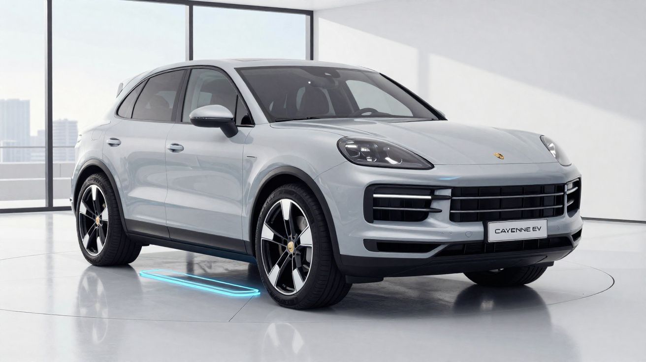 SUV elétrico Porsche Cayenne EV na cor cinza exposto em ambiente interno moderno.
