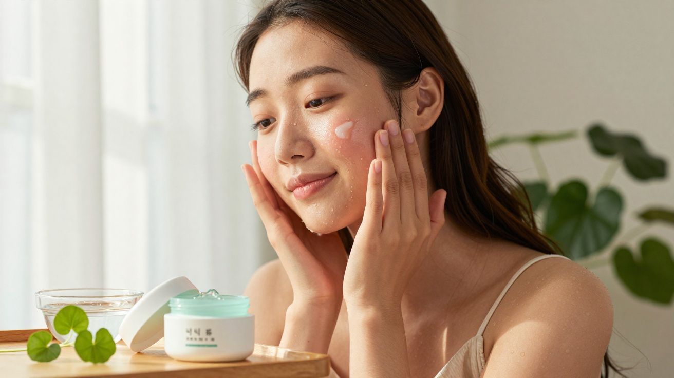 Jovem aplicando creme facial nas bochechas, com pote de creme e planta ao lado em ambiente iluminado.