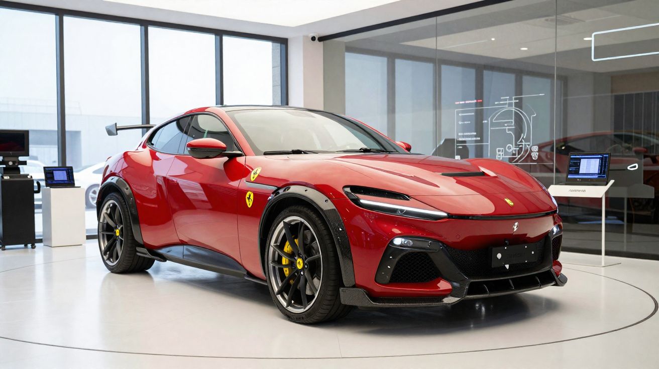 Carro esportivo Ferrari vermelho exibido em showroom moderno com teto branco e paredes de vidro.