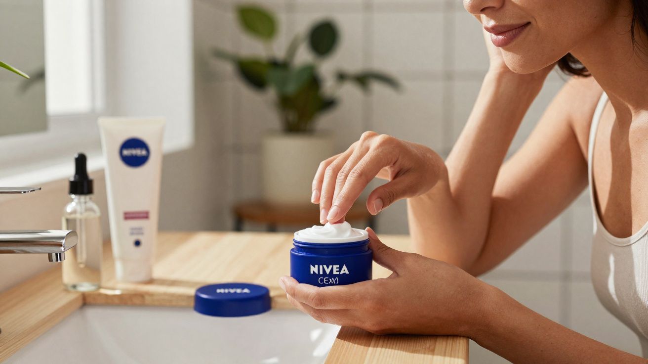 Mulher aplicando creme Nivea em banheiro claro com plantas ao fundo.