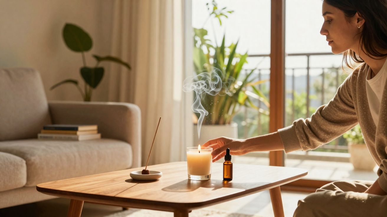 Mulher acendendo vela aromática em mesa de centro numa sala iluminada e decorada com plantas.