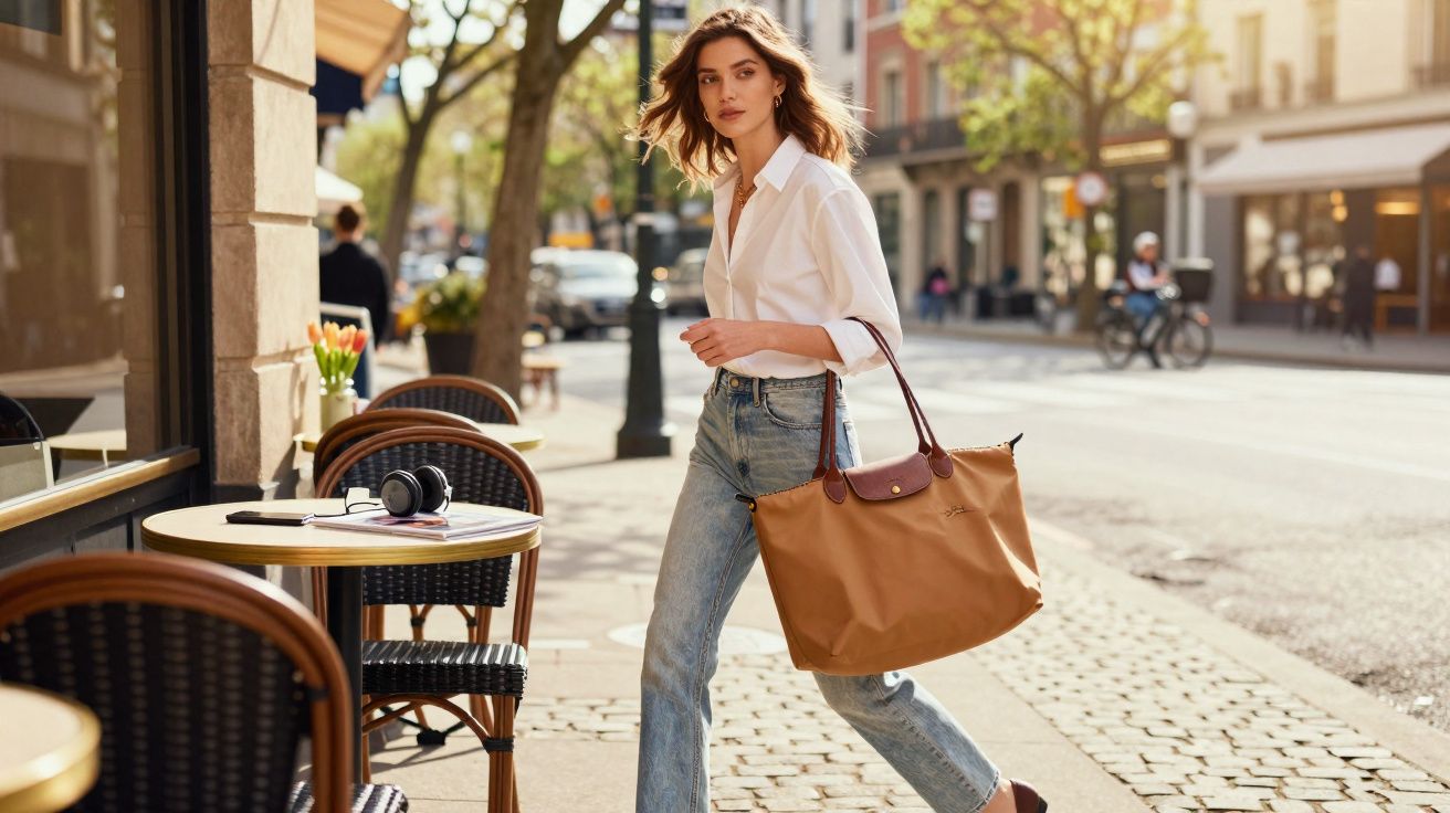 Mulher caminhando na calçada de rua urbana com bolsa marrom grande e camisa branca.